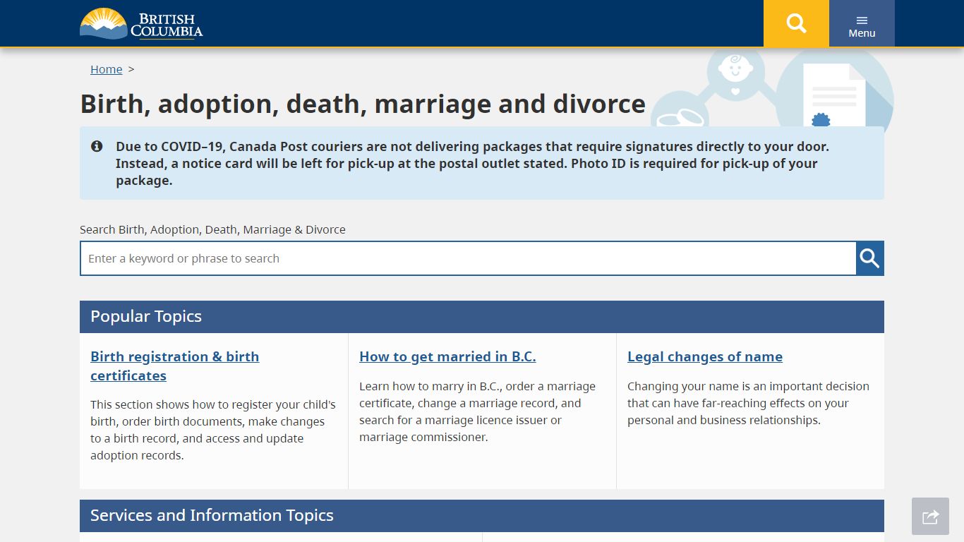 Birth, adoption, death, marriage and divorce - Province of British Columbia