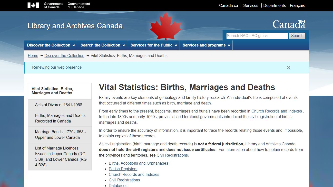 Vital Statistics: Births, Marriages and Deaths