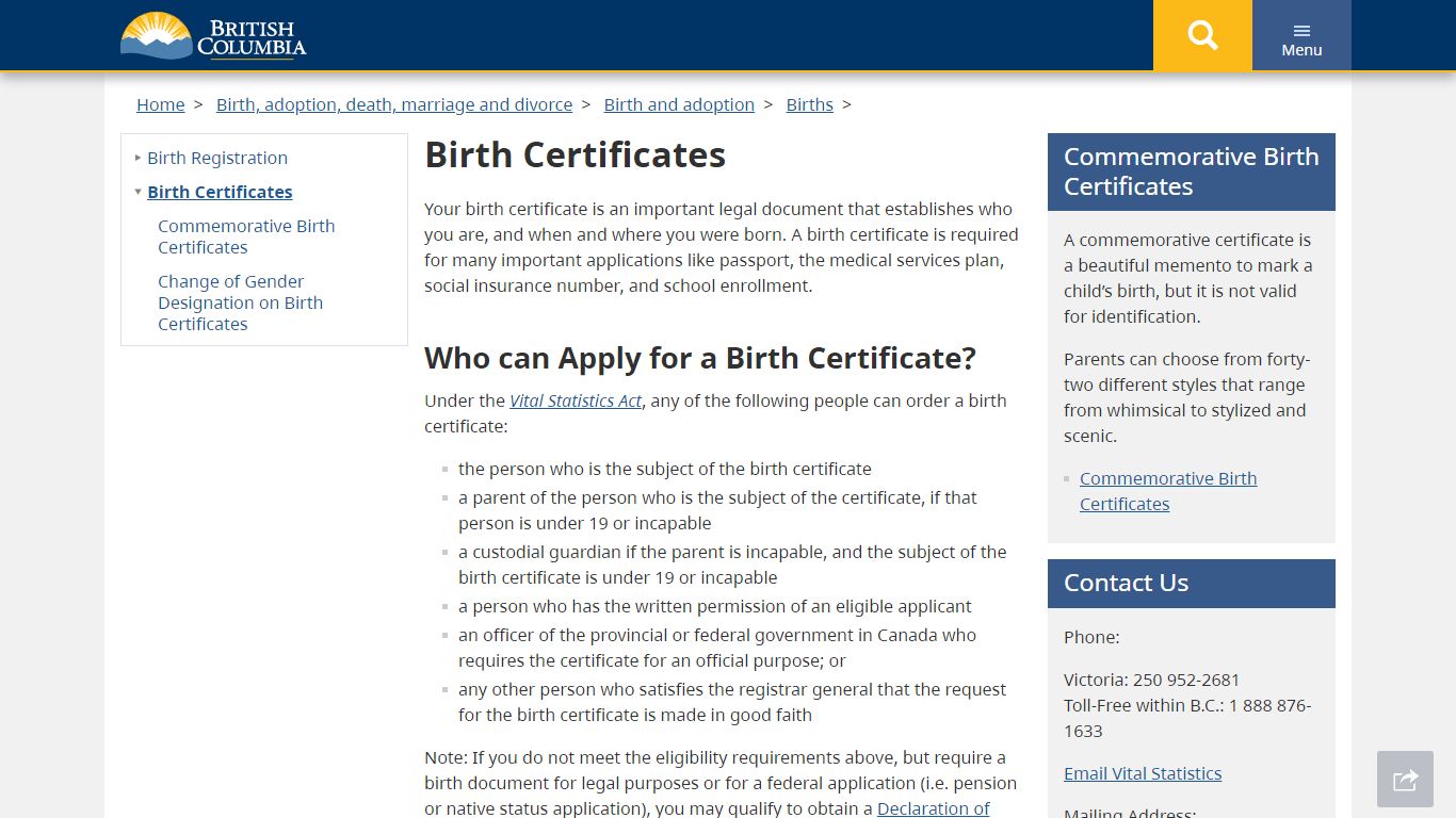 Birth Certificates - Province of British Columbia